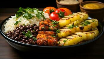 ai gerado grelhado carne de porco com tomate, vegetal, e erva espetos em prato gerado de ai foto