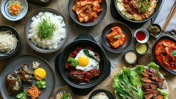 ai gerado sortimento do coreano tradicional pratos. ásia Comida. foto