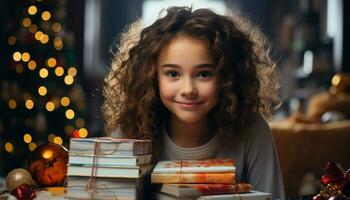 ai gerado sorridente criança detém presente, fofa retrato, alegre Natal celebração gerado de ai foto