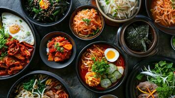 ai gerado sortimento do coreano tradicional pratos. ásia Comida. foto