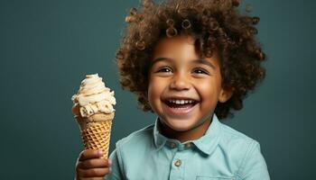 ai gerado sorridente criança segurando gelo creme, puro felicidade dentro 1 retrato gerado de ai foto