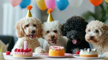 ai gerado fofa feliz cachorro cachorros com uma aniversário bolo a comemorar foto