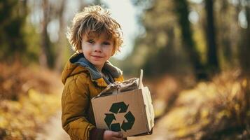 ai gerado Garoto segurando uma cartão caixa com a reciclar símbolo foto