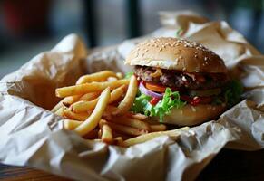 ai gerado hamburguer e fritas sentado em papel foto