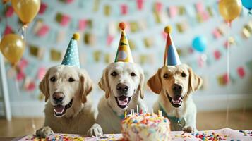 ai gerado fofa feliz cachorro cachorros com uma aniversário bolo a comemorar foto