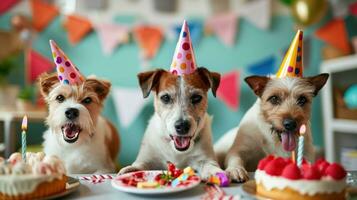 ai gerado fofa feliz cachorro cachorros com uma aniversário bolo a comemorar foto