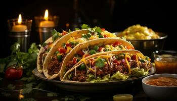 ai gerado gourmet mexicano refeição grelhado carne bovina, guacamole, e fresco coentro gerado de ai foto