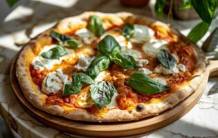 ai gerado fresco manjericão pizza com mozzarella queijo em de madeira prato foto