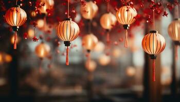 ai gerado brilhante chinês lanternas suspensão dentro a escuro, iluminador a celebração gerado de ai foto