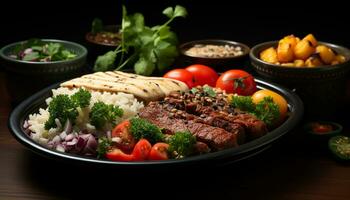 ai gerado grelhado carne e legumes em uma fresco prato do bondade gerado de ai foto