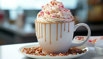 ai gerado recentemente cozido Bolinho em de madeira mesa com espumoso cappuccino gerado de ai foto