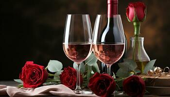 ai gerado romance floresce com vinho, flores, e uma celebração do amor gerado de ai foto