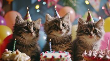 ai gerado fofa feliz gatos com uma aniversário bolo a comemorar às uma aniversário festa foto