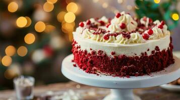 ai gerado festivo vermelho veludo bolo em branco bolo ficar de pé foto