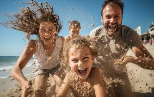 ai gerado família dentro a Sol tem Diversão em a de praia foto