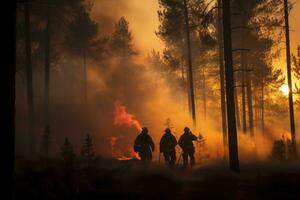 ai gerado quatro bombeiros andar através uma floresta com chamas foto