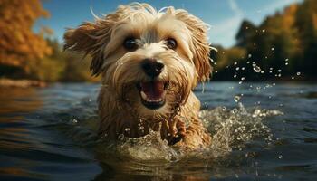 ai gerado fofa cachorro jogando dentro água, molhado pelagem, alegre e brincalhão gerado de ai foto