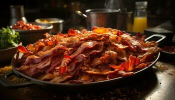 ai gerado grelhado carne de porco bife, bacon, e legumes em rústico prato gerado de ai foto