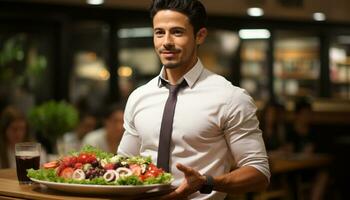 ai gerado uma confiante homem de negocios sorridente, segurando uma fresco salada, olhando às Câmera gerado de ai foto