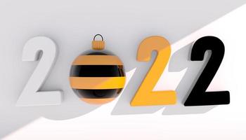 feliz ano novo 2022. números 3D com formas geométricas e bola de Natal em um fundo branco. Renderização 3D.