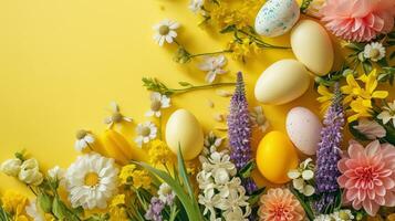 ai gerado vibrante fundo com ovos, flores, e amplo cópia de espaço foto