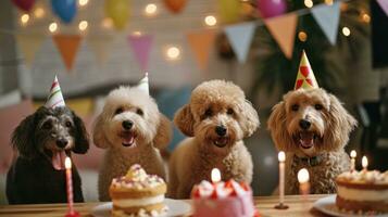 ai gerado fofa feliz cachorro cachorros com uma aniversário bolo a comemorar foto
