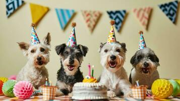 ai gerado fofa feliz cachorro cachorros com uma aniversário bolo a comemorar foto