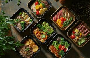 ai gerado cinco diferente refeição caixas com diferente tipos do carne foto