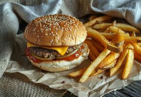 ai gerado francês fritas estão colocada em uma papel e Hamburguer de queijo foto