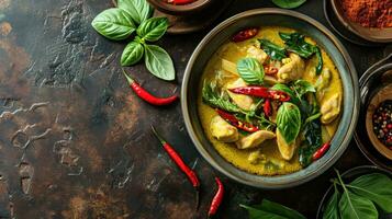 ai gerado verde Curry com frango dentro tigela em Sombrio fundo foto