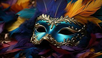 ai gerado mardi gras celebração colorida máscaras, elegante trajes, misterioso glamour gerado de ai foto
