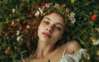 ai gerado menina com flores em dela cabeça deitado em a verde Relva foto