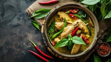 ai gerado verde Curry com frango dentro tigela em Sombrio fundo foto