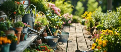 ai gerado jardim Ferramentas e ao ar livre equipamento Próximo para uma caminho foto