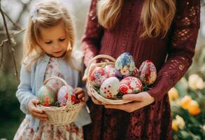 ai gerado mãe e criança segurando uma cesta cheia do Páscoa ovos foto