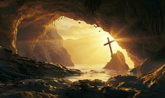 ai gerado de jesus crucifixo dentro a caverna às nascer do sol foto