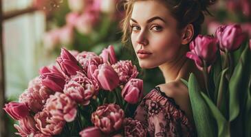 ai gerado mulher segurando ramalhete do tulipas foto
