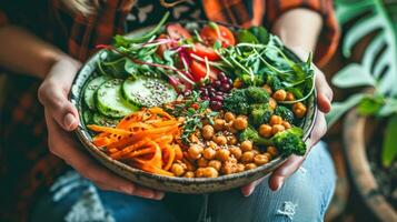 ai gerado mulher segurando prato com vegano ou vegetariano Comida foto