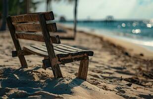 ai gerado de madeira assento em areia às a de praia foto