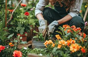 ai gerado mulher com jardinagem luvas sentado dentro jardim e rega foto