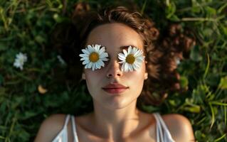 ai gerado mulher deitar em a Relva com flores dentro dela olhos foto