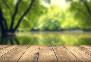 ai gerado de madeira mesa topo com natural verde fundo do borrado lago foto