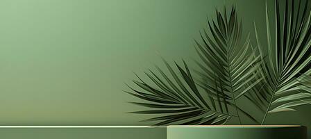 ai gerado tropical Palma folhas pódio bandeira em verde fundo com Palma folha sombra. adequado para exibição produtos foto