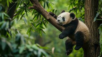 ai gerado uma bebê panda cochilando em uma árvore ramo foto