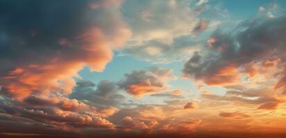 ai gerado a lindo pôr do sol Visão com a azul céu e nuvens dentro verão foto