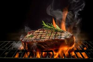 ai gerado churrasco seco envelhecido wagyu porterhouse carne bife grelhado Como fechar-se em uma carvão grade com fogo e fumaça foto