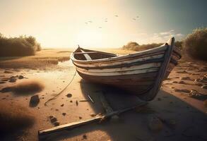 ai gerado pôr do sol sobre a mar, pescaria barco em a de praia foto