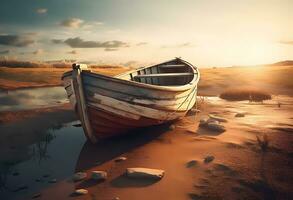 ai gerado pôr do sol sobre a mar, pescaria barco em a de praia foto