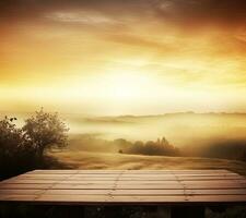 ai gerado esvaziar vintage mesa para produtos exibição montagem com dourado nascer do sol sobre enevoado colinas foto