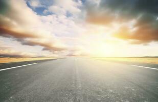 ai gerado asfalto rodovia com lindo Visão do pôr do sol e nuvens foto